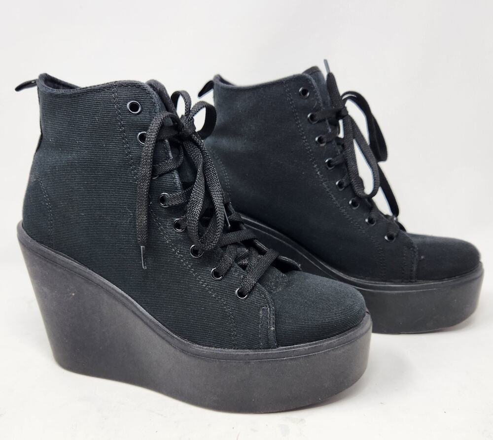 DOLLS KILL Altercore Black Platform Wedge Canvas Shoes Womens 38 / 8